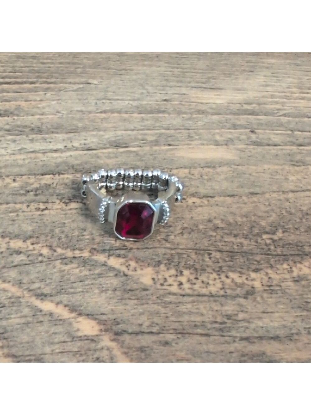 Vintage Radiant Silver Plated Adjustable Ring with Ruby Red Stone